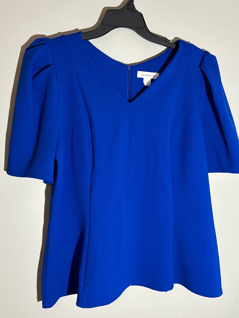 NWT Liz Claiborne XL Bold Blue Puff Sleeve V Neck Blouse Top